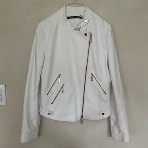 Ivanka Trump White Moto Jacket Gold Zip Details Asymmetrical Collar Size 2